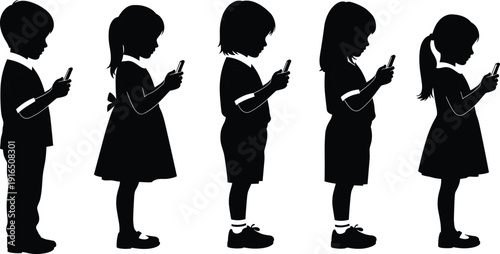 Black silhouettes of children looking at smartphones kids