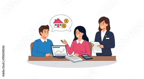 Three Professionals Discussing Business at Desk.