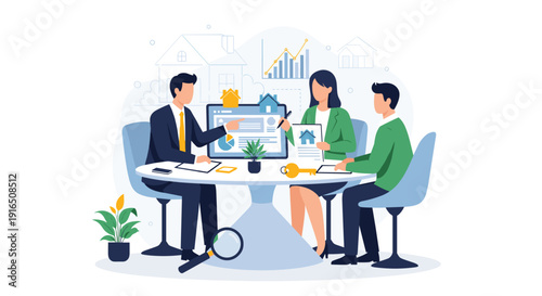 Three Professionals Discussing Business in Meeting.