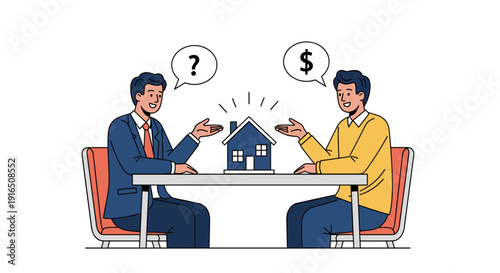 Two Men Discussing House Purchase at Table.