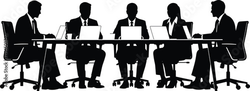 Black silhouettes of businesspeople sitting at a conference table with laptops business meeting team