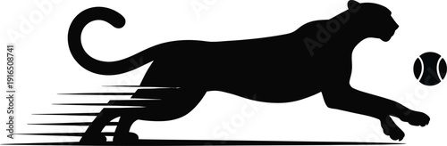 This dynamic black silhouette features a powerful cheetah lunging toward a tennis ball with speed lines.