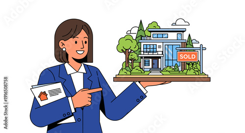 Woman Holding Model House with For Sale Sign.