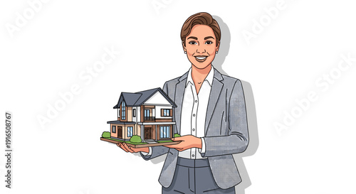 Woman Holding Model House Illustration.