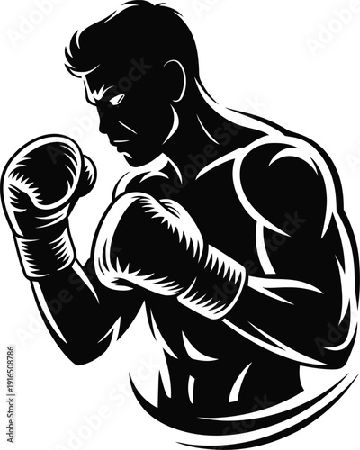 This powerful black silhouette captures a muscular boxer in a focused stance, ready to strike, emphasizing raw strength and athletic intensity.