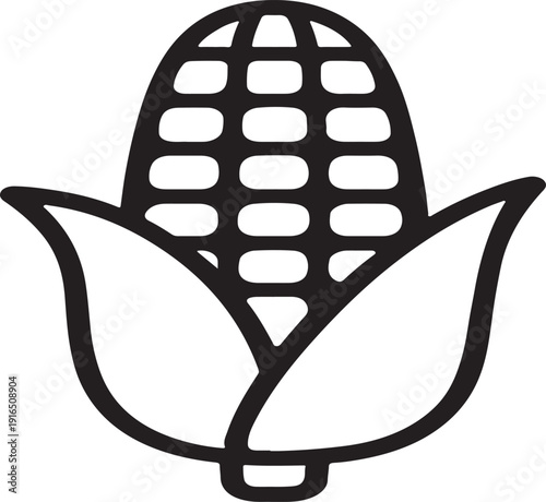 A black silhouette of an ear of corn with husks, isolated on white background, representing harvest and agriculture