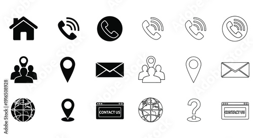 Collection of black communication and location glyph icons displayed in rows