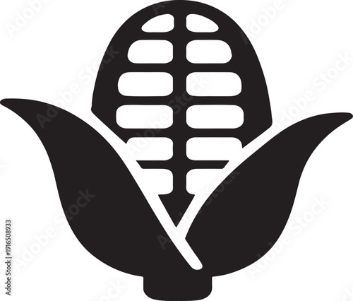 A black silhouette of an ear of corn with husks, isolated on white background, representing harvest and agriculture
