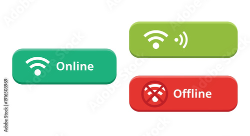 Three colorful buttons displaying wifi and network connection statuses