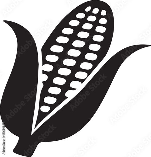 A black silhouette of an ear of corn with husks, isolated on white background, representing harvest and agriculture