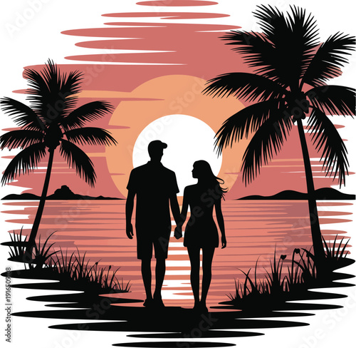 A romantic silhouette of a couple walking hand-in-hand along a palm-fringed tropical beach at sunset.