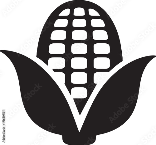 A black silhouette of an ear of corn with husks, isolated on white background, representing harvest and agriculture