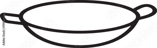 Minimalistic black and white line drawing of a frying pan on white background