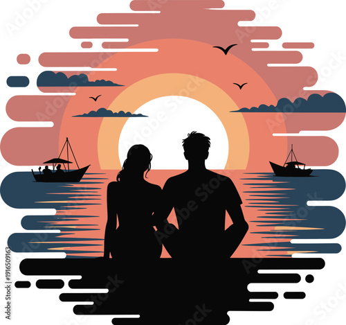A tranquil scene featuring a couple watching the sunset over a calm sea with fishing boats and birds.