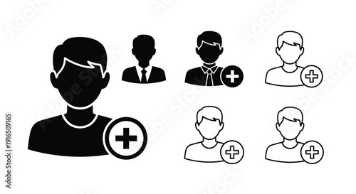 Black and white icon set depicting silhouettes of people with plus signs