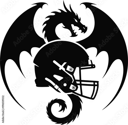 This striking black silhouette features a powerful dragon wrapped around a classic American football helmet.