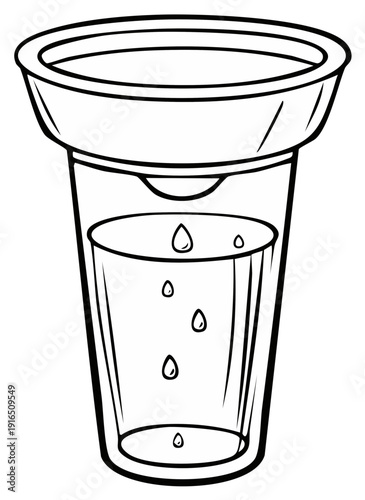 Water Purification Concept: Liquid Dropping from Filter into Glass, black and white line art