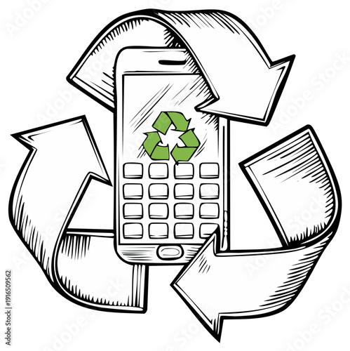 Smartphone recycling concept with green arrows and hand drawn style suggesting e-waste reuse and sustainable technology