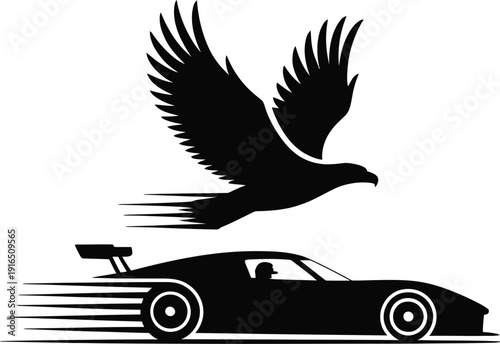 Speed and Spirit Minimalist Black Silhouette of a Racing Sports Car and a Flying Eagle.
