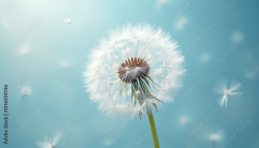 Obraz premium Close-up macro shot of dandelion seed head against soft blue sky. Fluffy white seeds disperse airborne. Nature gentle flight, summer wish, new beginnings concept.