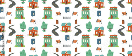 Seamless suburban neighborhood pattern with houses, street objects and trees