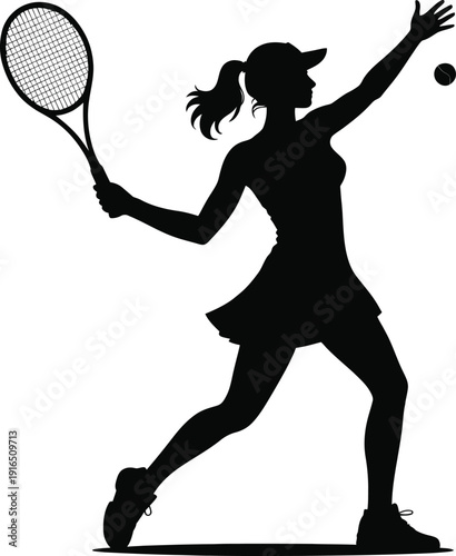 Silhouette of a Female Tennis Player Serving the Ball with Racket in Action Sports Design