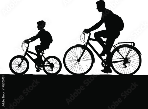 Father and Son Riding Bicycles Together Silhouette Family Outdoor Activity Concept