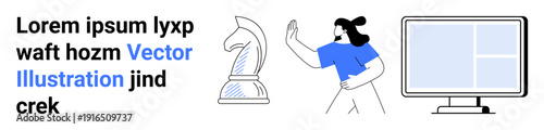 Strategic thinking, personal growth, technology use, decision-making, productivity, work-life balance. Chess knight, individual gesturing desktop computer. Strategic thinking and personal growth