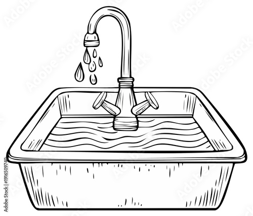 Black and white illustration of a kitchen sink with running water