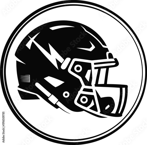American Football Helmet Silhouette Icon with Lightning Bolt in Circular Frame.