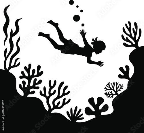 Young Girl Swimming Underwater Among Coral Reef Silhouette Ocean Life Illustration