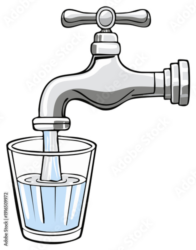 Illustration of water pouring from a metal faucet into a clear glass tumbler filling with the clean liquid drinking supply
