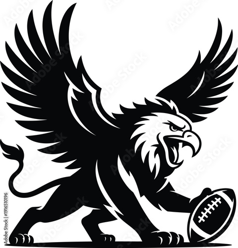 Powerful Griffin Mascot Clutching American Football With Outspread Wings Silhouette Logo