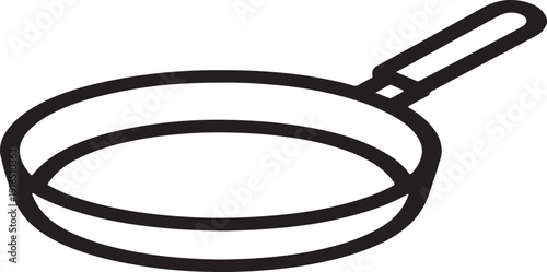 Minimalistic black and white line drawing of a frying pan on white background