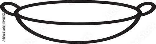 Minimalistic black and white line drawing of a frying pan on white background