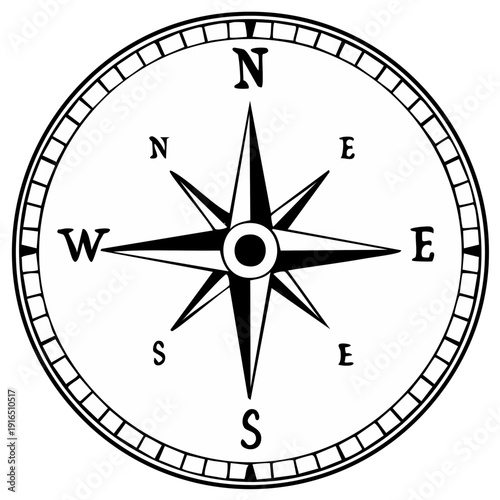 Black and white compass rose graphic design for navigation and direction