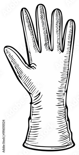 Ink drawing of a glove pointing up with fingers outstretched, illustration