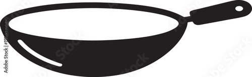 Minimalistic black and white line drawing of a frying pan on white background