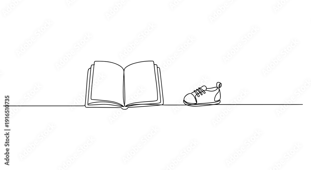 Fototapeta premium Work-Life Balance Concept – Continuous One-Line Drawing of Notebook and Small Baby Shoe