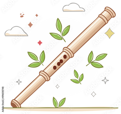 Wooden Recorder Illustration with Clouds and Leaves, Wind Instrument Flat Design for Music Projects, Vector Art
