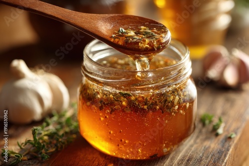 Close-up of a wooden spoon dipping into a jar of infused honey (garlic and herb), immune booster