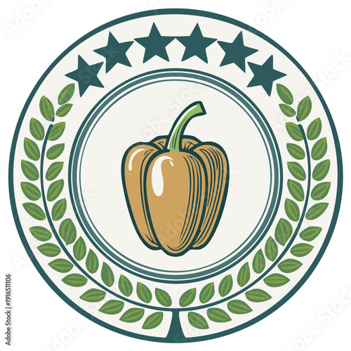 Retro badge of a bell pepper with laurel leaves and stars