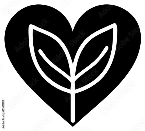 Heart with growing leaves symbol for nature love environmental care and healthy living