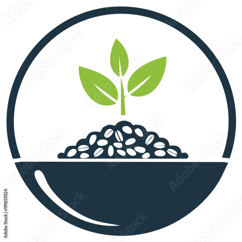Green plant growing from coffee beans in a bowl representing agriculture and growth