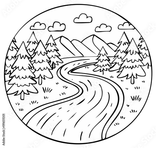 Cartoon river winding through pine trees and mountains under a cloudy sky