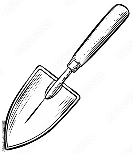 Illustration of garden trowel tool with wooden handle, hand-drawn style