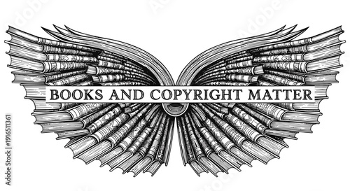 Winged books and copyright symbol vector graphic, representing literary and intellectual property protection.