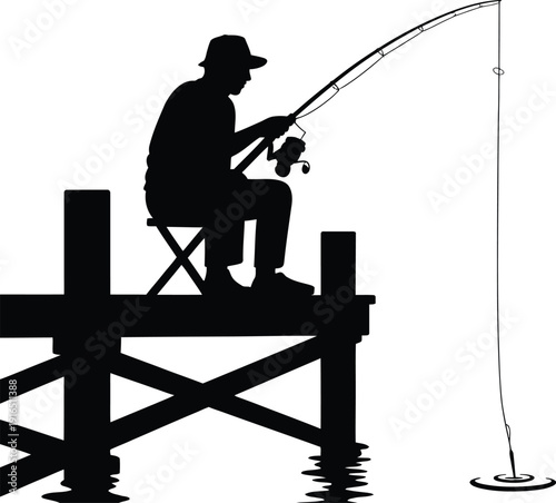 Fisherman Sitting On Pier Casting Fishing Line
