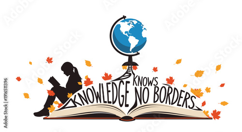 Education and knowledge vector logo, Knowledge Knows No Borders emblem. Includes globe, book, and leaf design elements. Created in colorful style with orange and blue palette.
