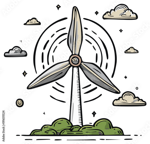 Stylized Wind Turbine Generating Clean Energy Amidst Clouds and Landscape